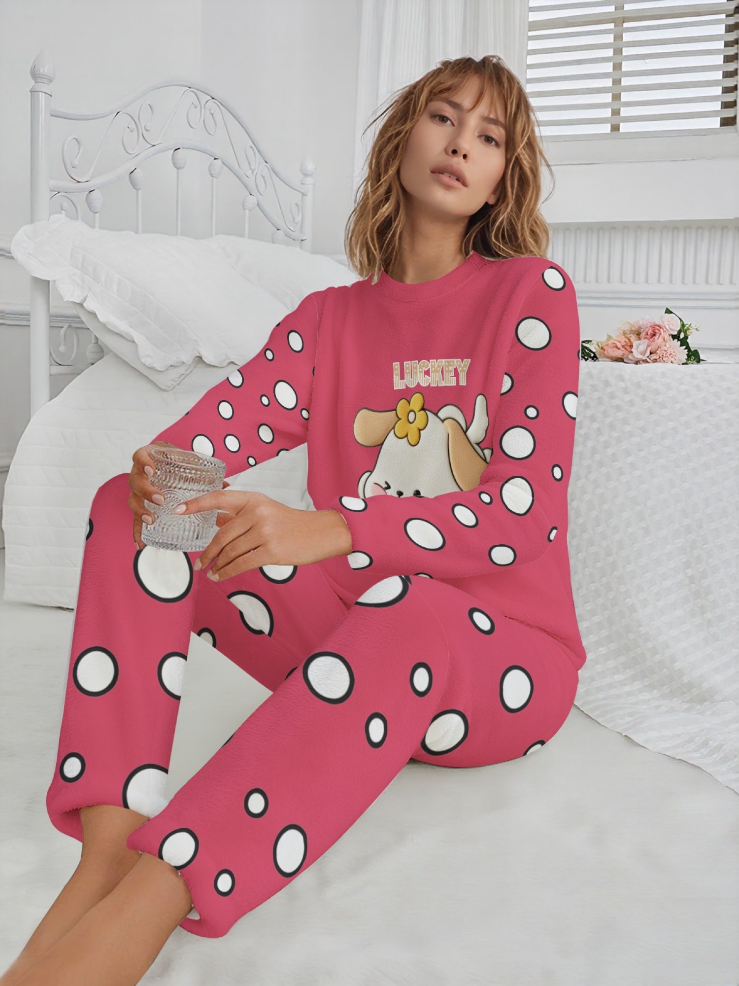 Women's Winter Flannel Casual Pajama Set: Novel Lucky Puppy Pattern Round Neck Long Sleeve Top with Polka Dot Print, Elastic Waist, Long Pants; Comfortable and Warm Home Wear, Versatile for Everyday Wear