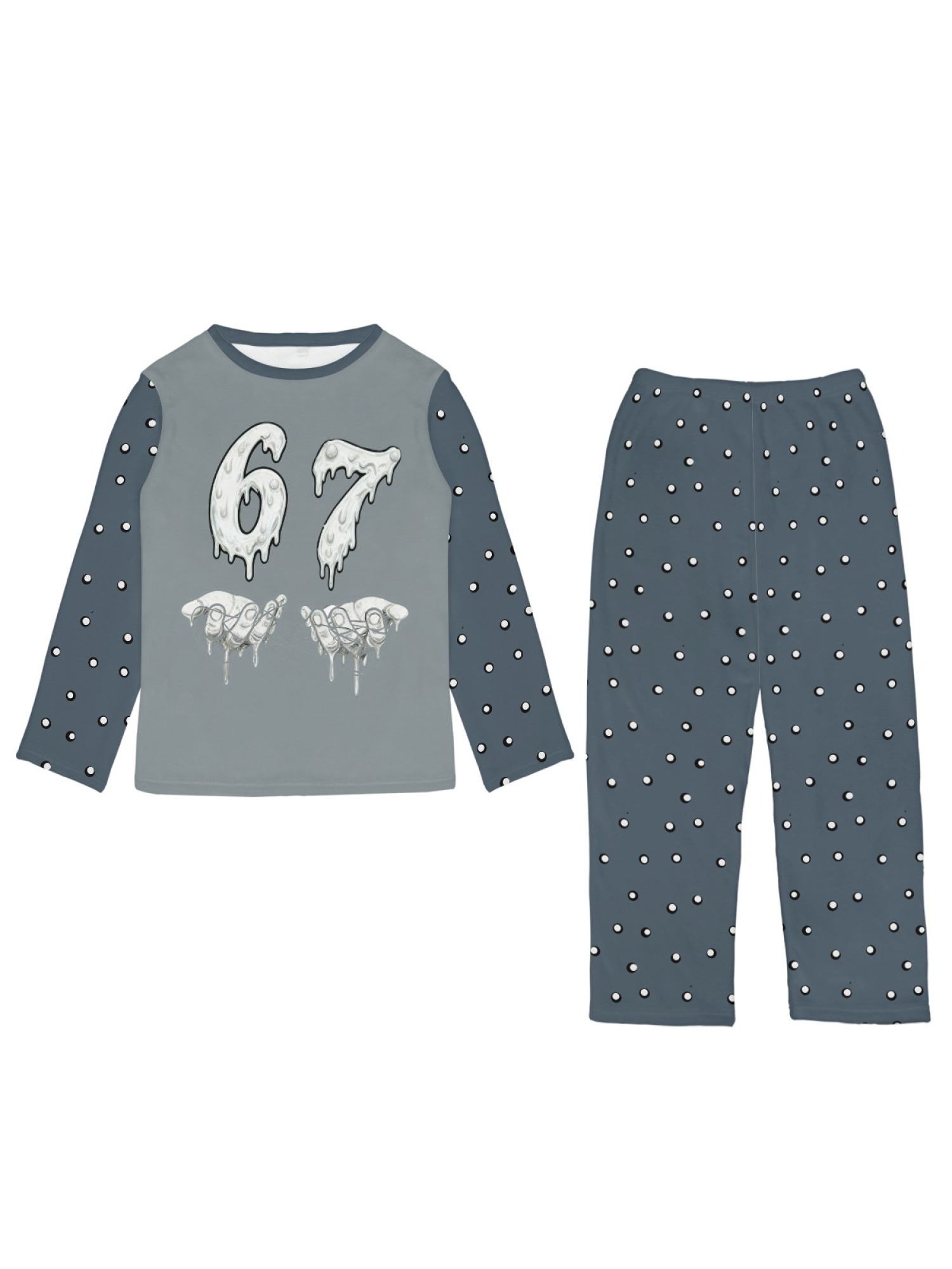 Women's Winter Flannel Pajama Set: Fun Six-Seven Pattern Long-Sleeved Round Neck Top with Polka Dot Elastic Waist Belt Pants; Stylish, Comfortable, and Warm Home Wear/Sleepwear