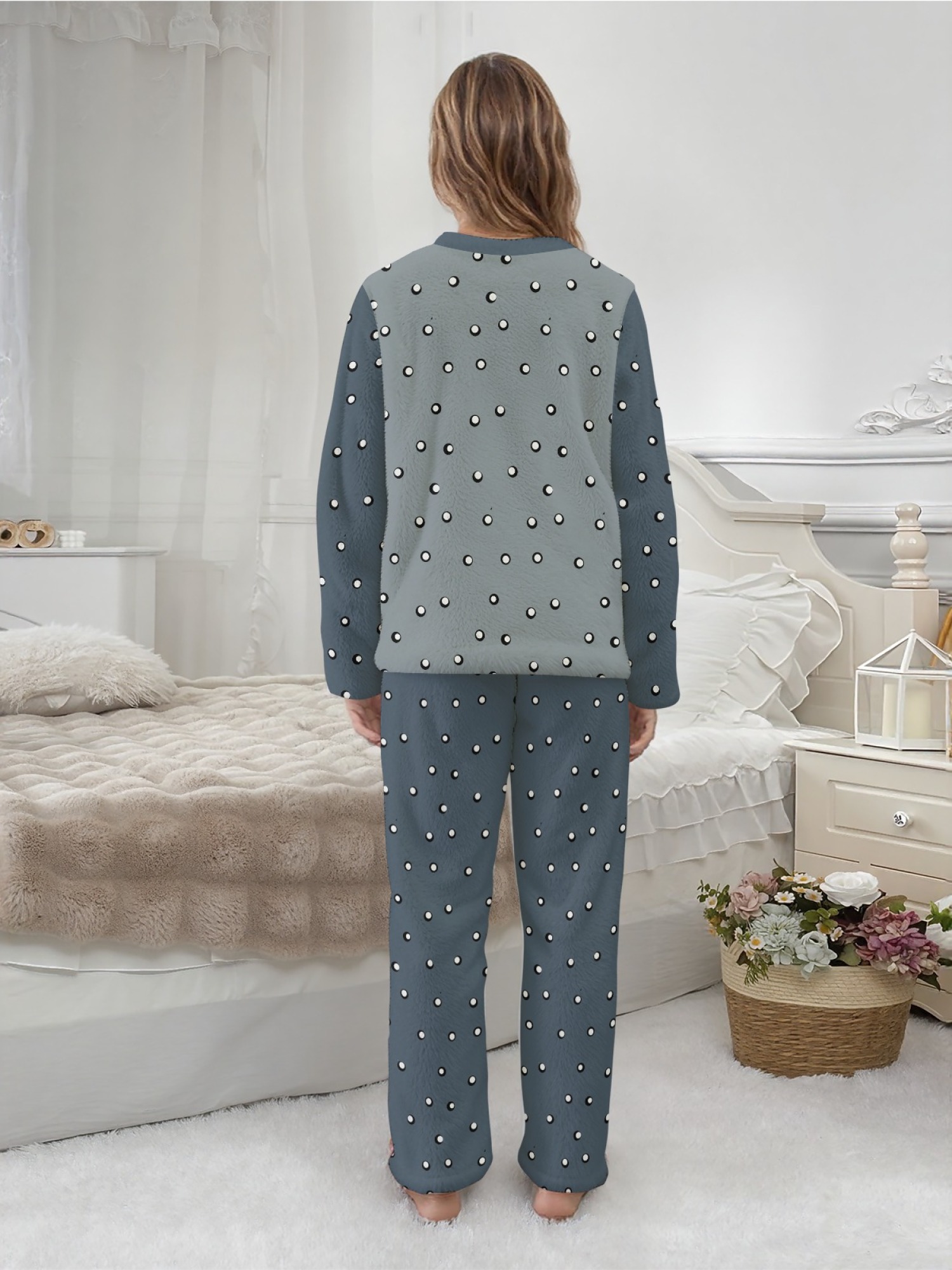 Women's Winter Flannel Pajama Set: Fun Six-Seven Pattern Long-Sleeved Round Neck Top with Polka Dot Elastic Waist Belt Pants; Stylish, Comfortable, and Warm Home Wear/Sleepwear