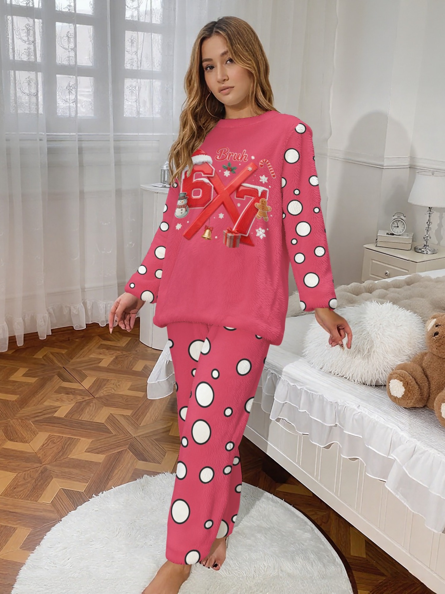Women's Winter Flannel Pajama Set: Fun Six-Seven Pattern Long-Sleeved Round Neck Top with Polka Dot Elastic Waist Belt Pants; Stylish, Comfortable, and Warm Home Wear/Sleepwear
