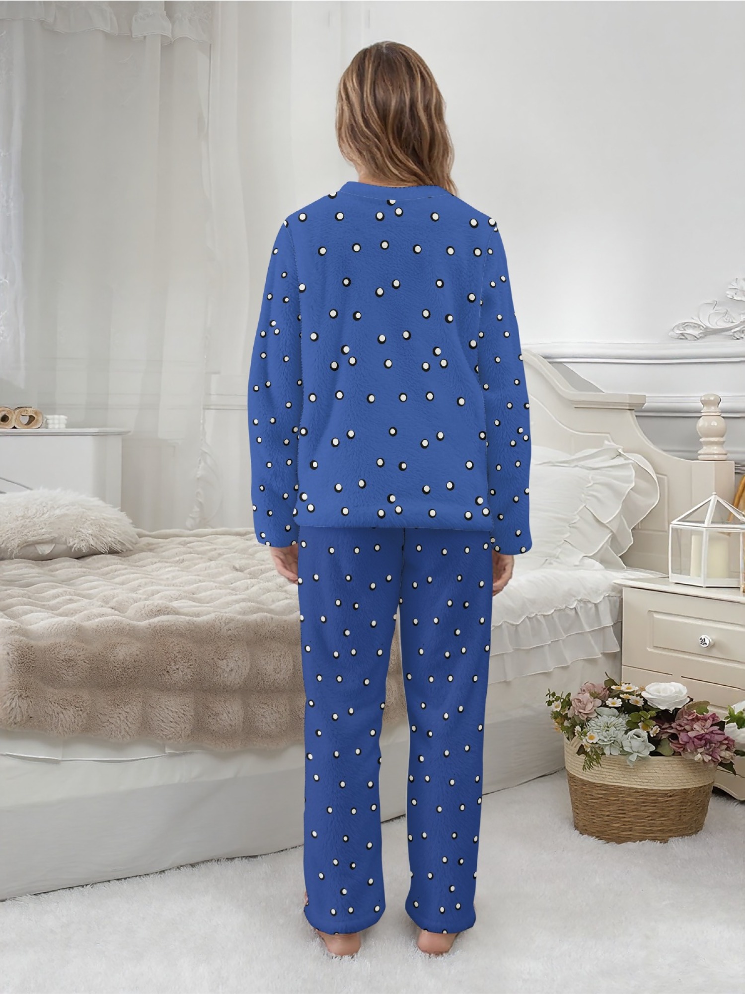Women's Winter Flannel Pajama Set: Fun Six-Seven Pattern Long-Sleeved Round Neck Top with Polka Dot Elastic Waist Belt Pants; Stylish, Comfortable, and Warm Home Wear/Sleepwear