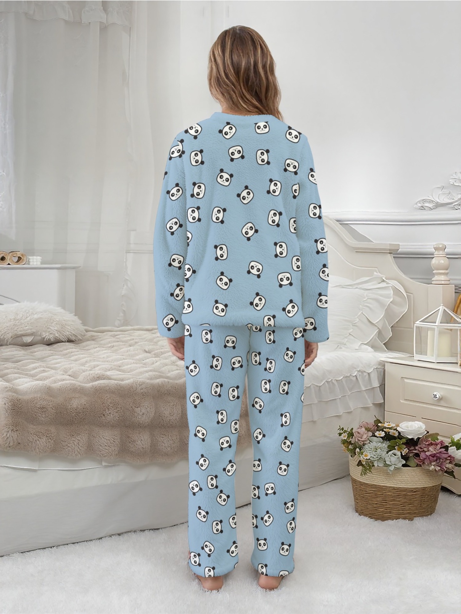 Women's Winter Flannel Pajama Set: Round Neck Long Sleeve Panda Print Top, Fun Panda Themed Pants, Stylish Casual Home Wear (White), (Pastel Blue), (Signal Blue) Color Scheme. Warm, Comfortable, Versatile for Everyday Wear, Holiday Party Gift.