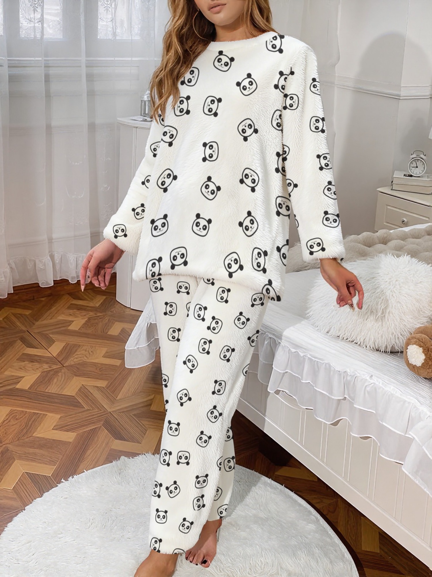 Women's Winter Flannel Pajama Set: Round Neck Long Sleeve Panda Print Top, Fun Panda Themed Pants, Stylish Casual Home Wear (White), (Pastel Blue), (Signal Blue) Color Scheme. Warm, Comfortable, Versatile for Everyday Wear, Holiday Party Gift.
