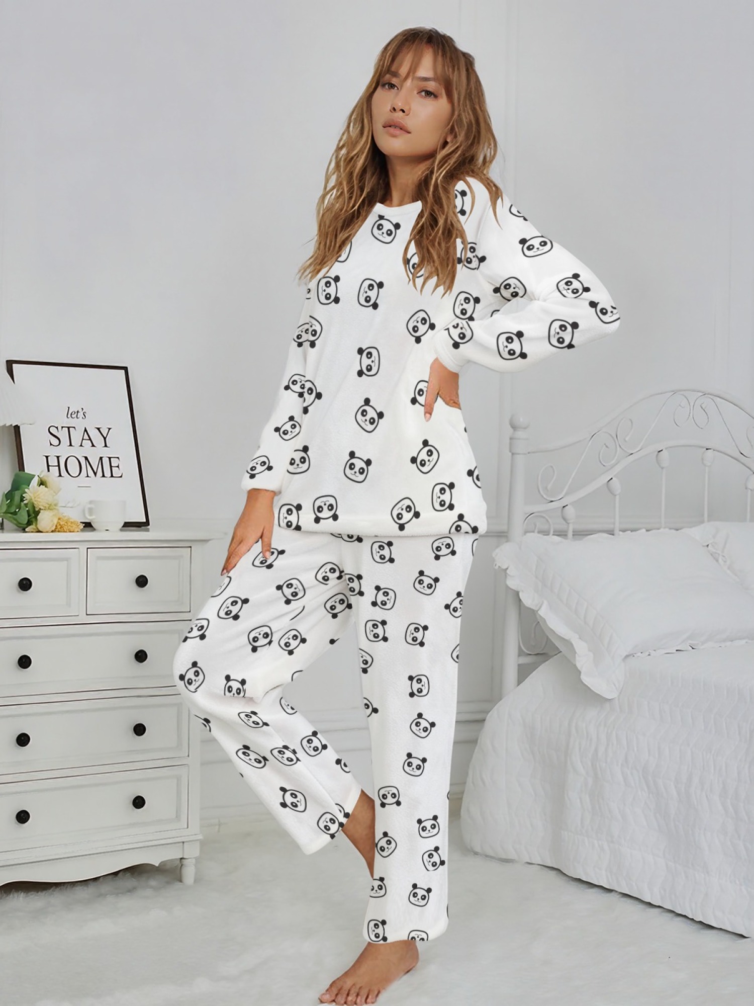 Women's Winter Flannel Pajama Set: Round Neck Long Sleeve Panda Print Top, Fun Panda Themed Pants, Stylish Casual Home Wear (White), (Pastel Blue), (Signal Blue) Color Scheme. Warm, Comfortable, Versatile for Everyday Wear, Holiday Party Gift.