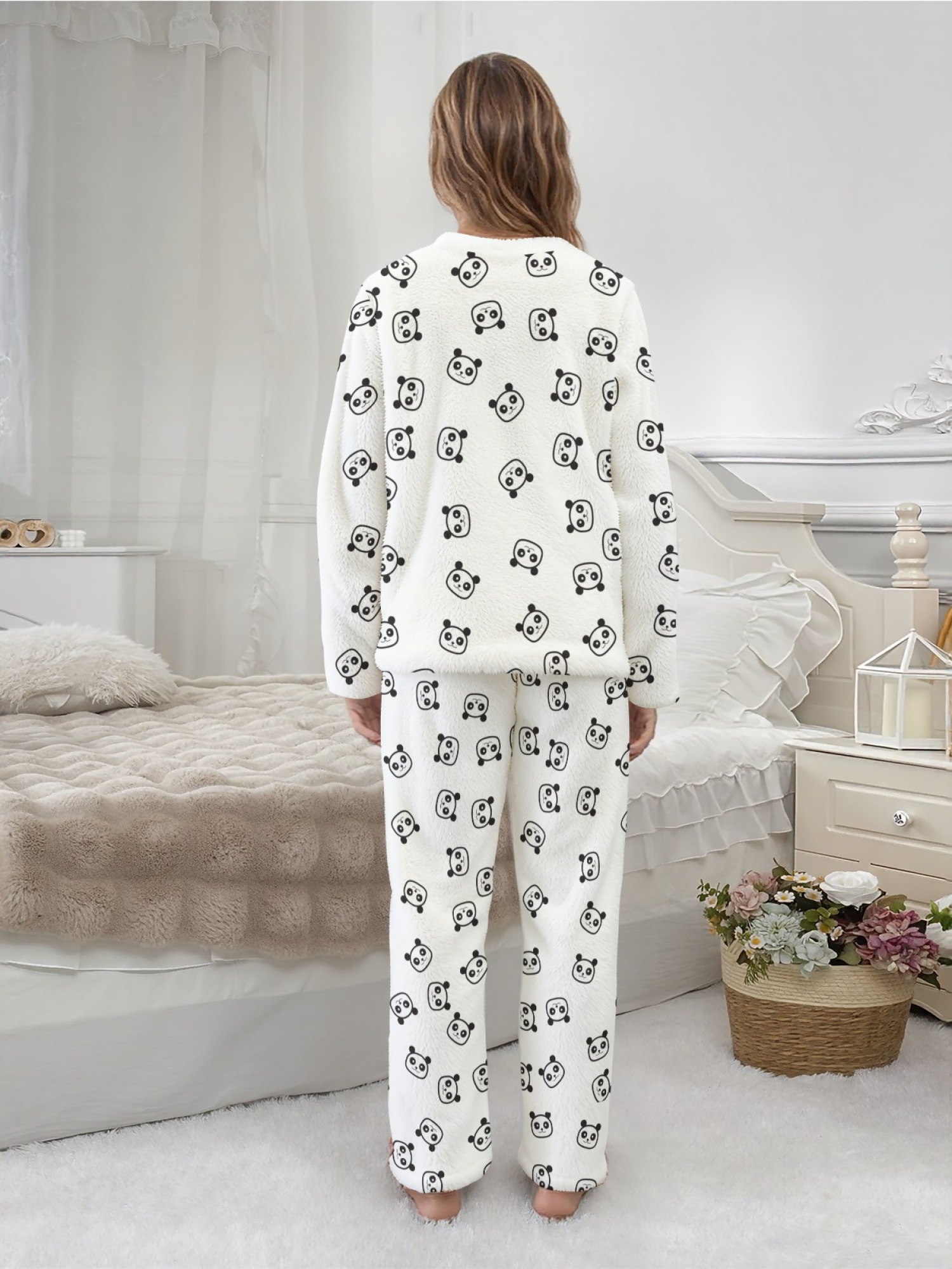 Women's Winter Flannel Pajama Set: Round Neck Long Sleeve Panda Print Top, Fun Panda Themed Pants, Stylish Casual Home Wear (White), (Pastel Blue), (Signal Blue) Color Scheme. Warm, Comfortable, Versatile for Everyday Wear, Holiday Party Gift.