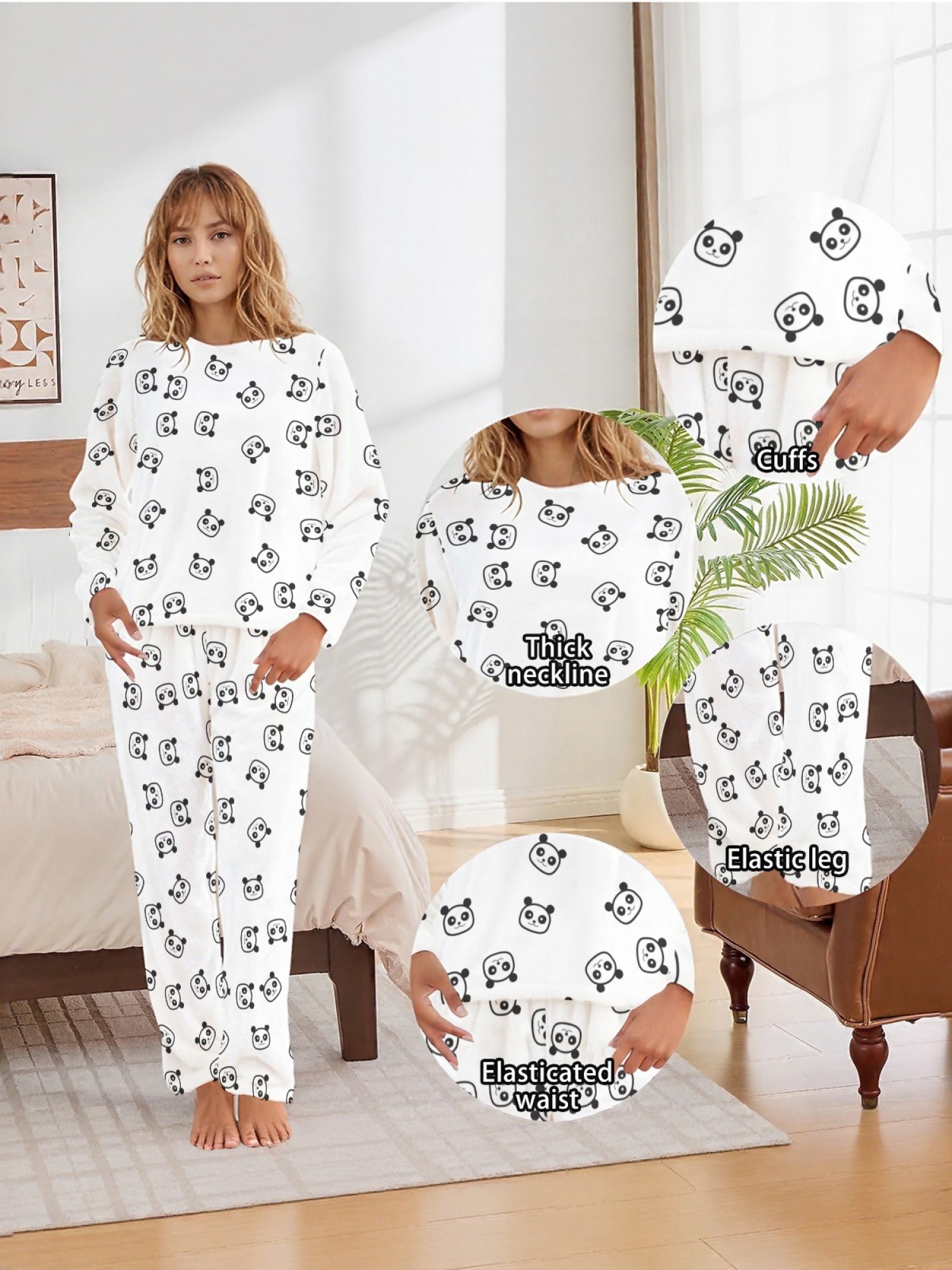 Women's Winter Flannel Pajama Set: Round Neck Long Sleeve Panda Print Top, Fun Panda Themed Pants, Stylish Casual Home Wear (White), (Pastel Blue), (Signal Blue) Color Scheme. Warm, Comfortable, Versatile for Everyday Wear, Holiday Party Gift.