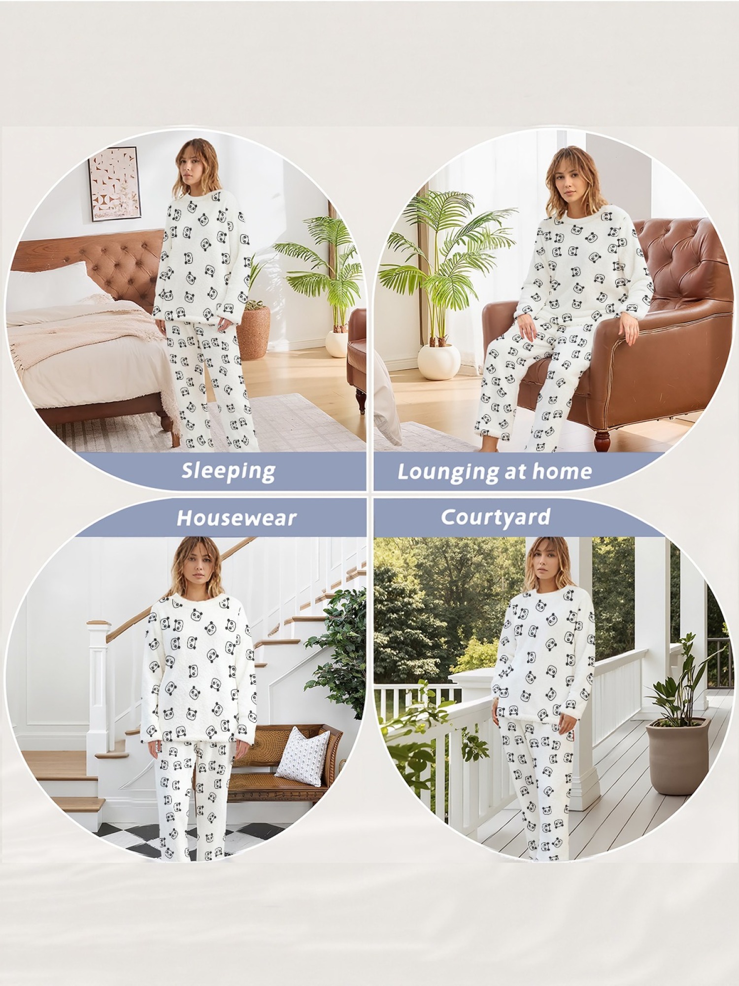 Women's Winter Flannel Pajama Set: Round Neck Long Sleeve Panda Print Top, Fun Panda Themed Pants, Stylish Casual Home Wear (White), (Pastel Blue), (Signal Blue) Color Scheme. Warm, Comfortable, Versatile for Everyday Wear, Holiday Party Gift.