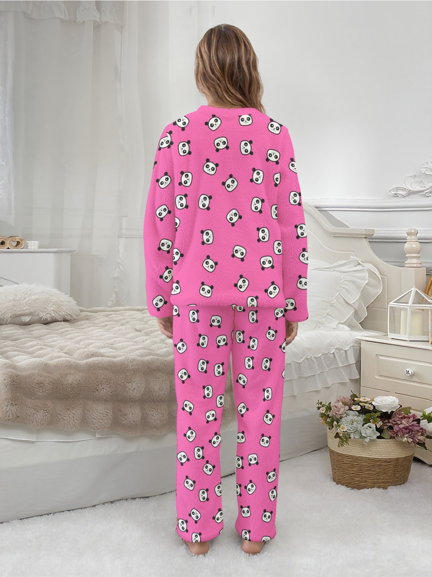 Women's Winter Flannel Pajama Set: Round Neck Long Sleeve Panda Print Top, Fun Panda Themed Pants, Stylish Casual Home Wear (White), (Pastel Blue), (Signal Blue) Color Scheme. Warm, Comfortable, Versatile for Everyday Wear, Holiday Party Gift.