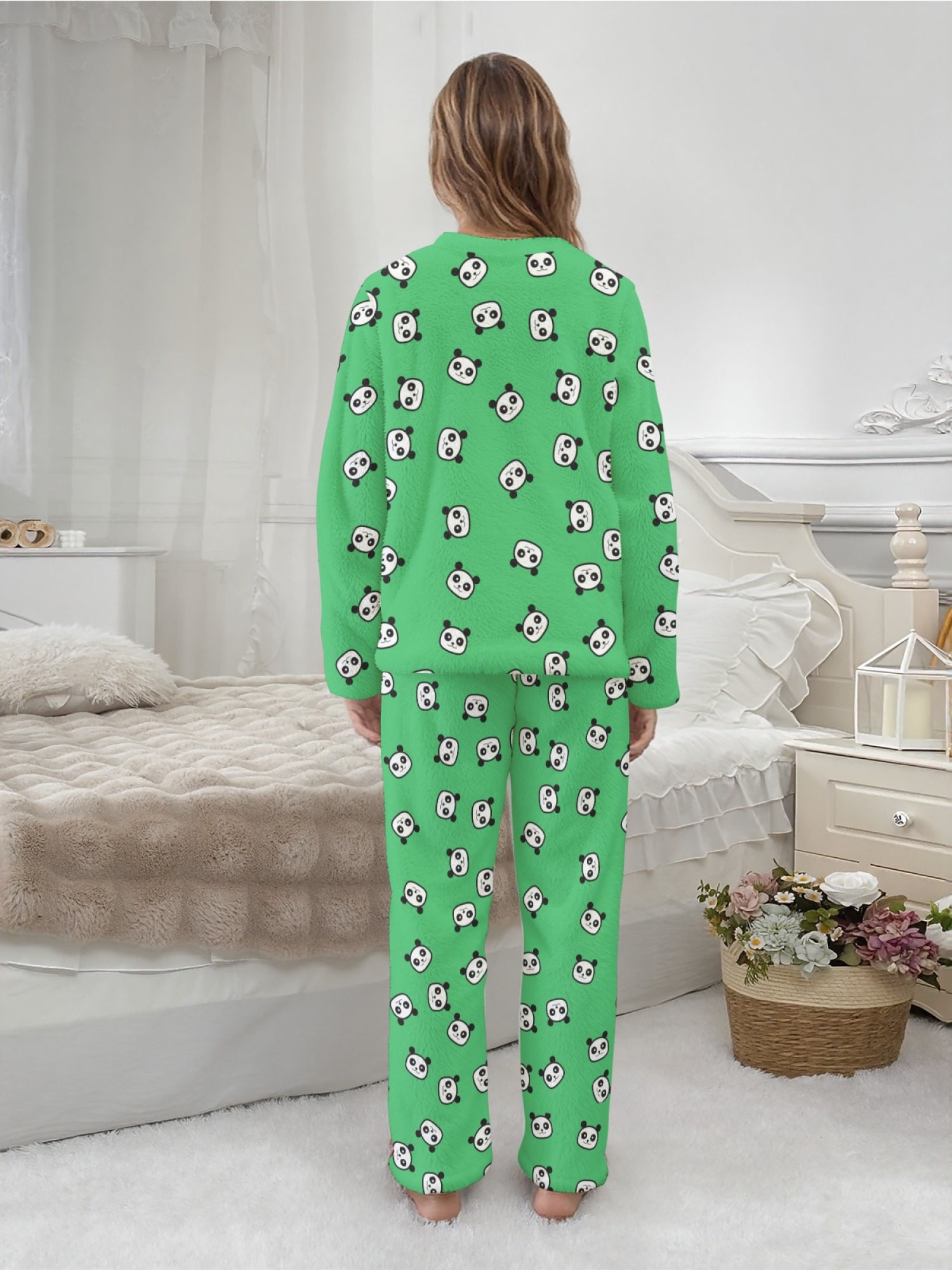 Women's Winter Flannel Pajama Set: Round Neck Long Sleeve Panda Print Top, Fun Panda Themed Pants, Stylish Casual Home Wear (White), (Pastel Blue), (Signal Blue) Color Scheme. Warm, Comfortable, Versatile for Everyday Wear, Holiday Party Gift.