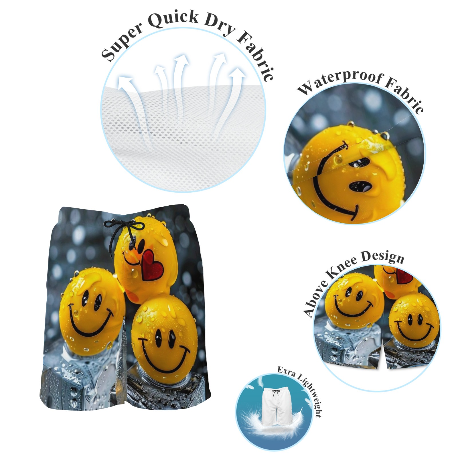 Men's Smiley Emoji Print Beach Shorts