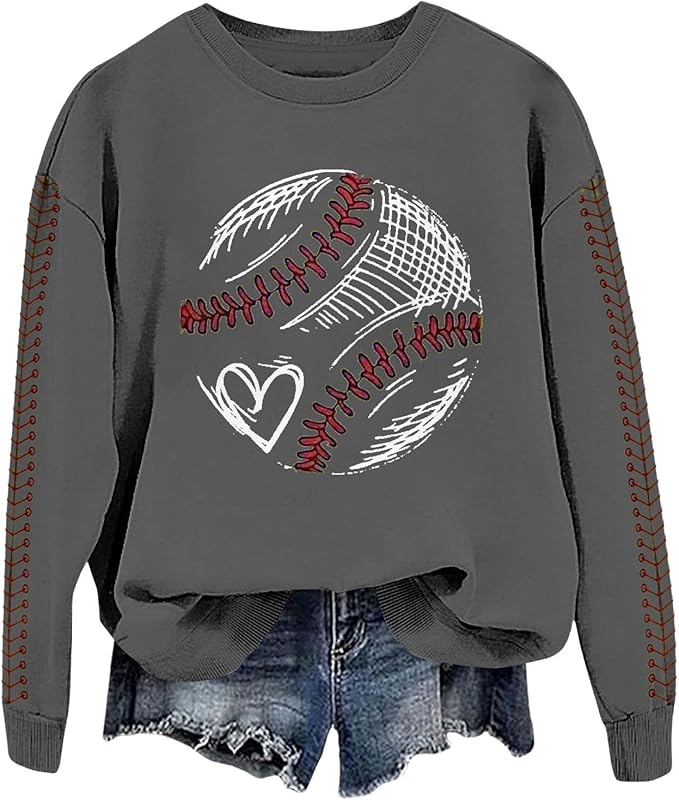 Baseball Mom Sweatshirt For Women Heart Printed Crewneck Long Sleeve 2025 Pullover Tops