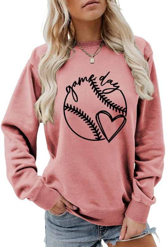 Women Sweatshirt Baseball Game Day Long Sleeve Crewneck Graphic Pullover Top Baseball Softball Sport Mom Casual Shirt