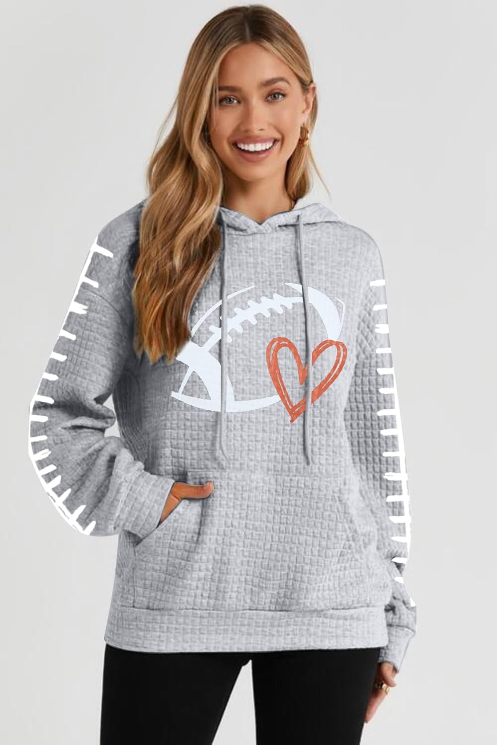 Game Day Hooded Sweatshirt Women Funny Football Graphic Shirt Waffle Knit Game Day Pullover Hoodies Long Sleeve