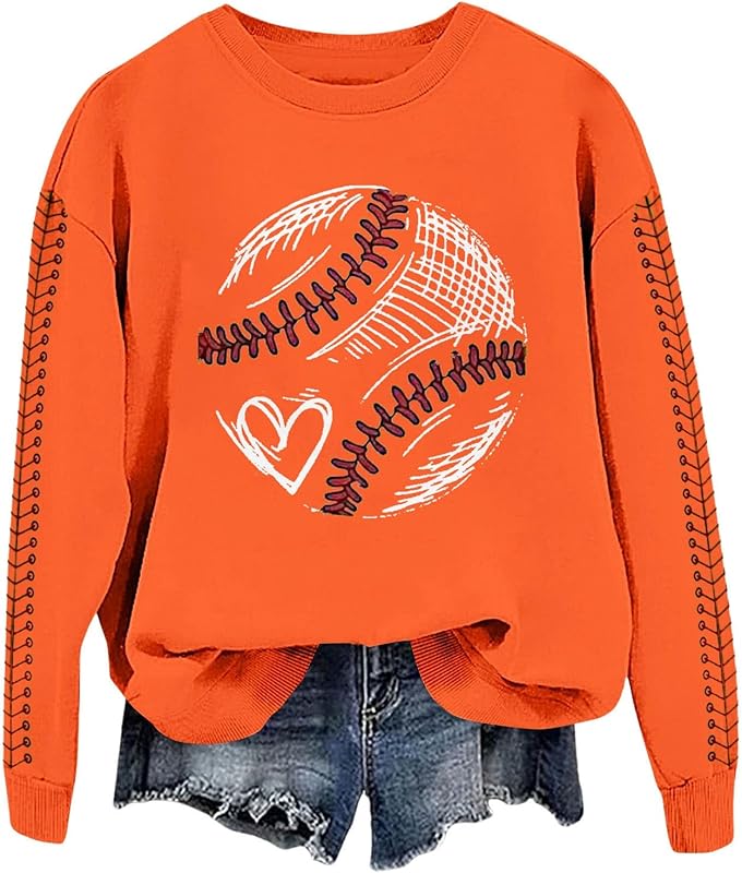 Baseball Mom Sweatshirt For Women Heart Printed Crewneck Long Sleeve 2025 Pullover Tops
