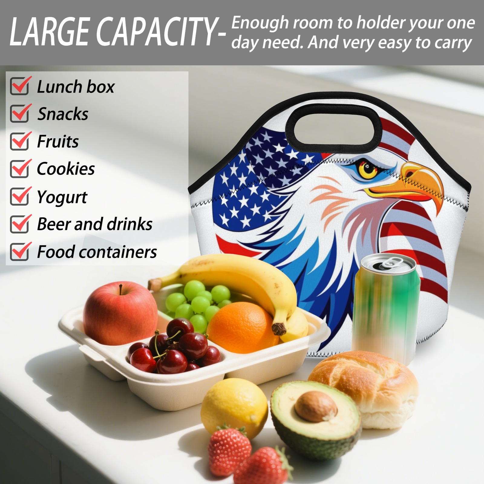 American Eagle & Flag Neoprene Lunch Bag - Insulated Tote for Work, Picnics-Pixelunique