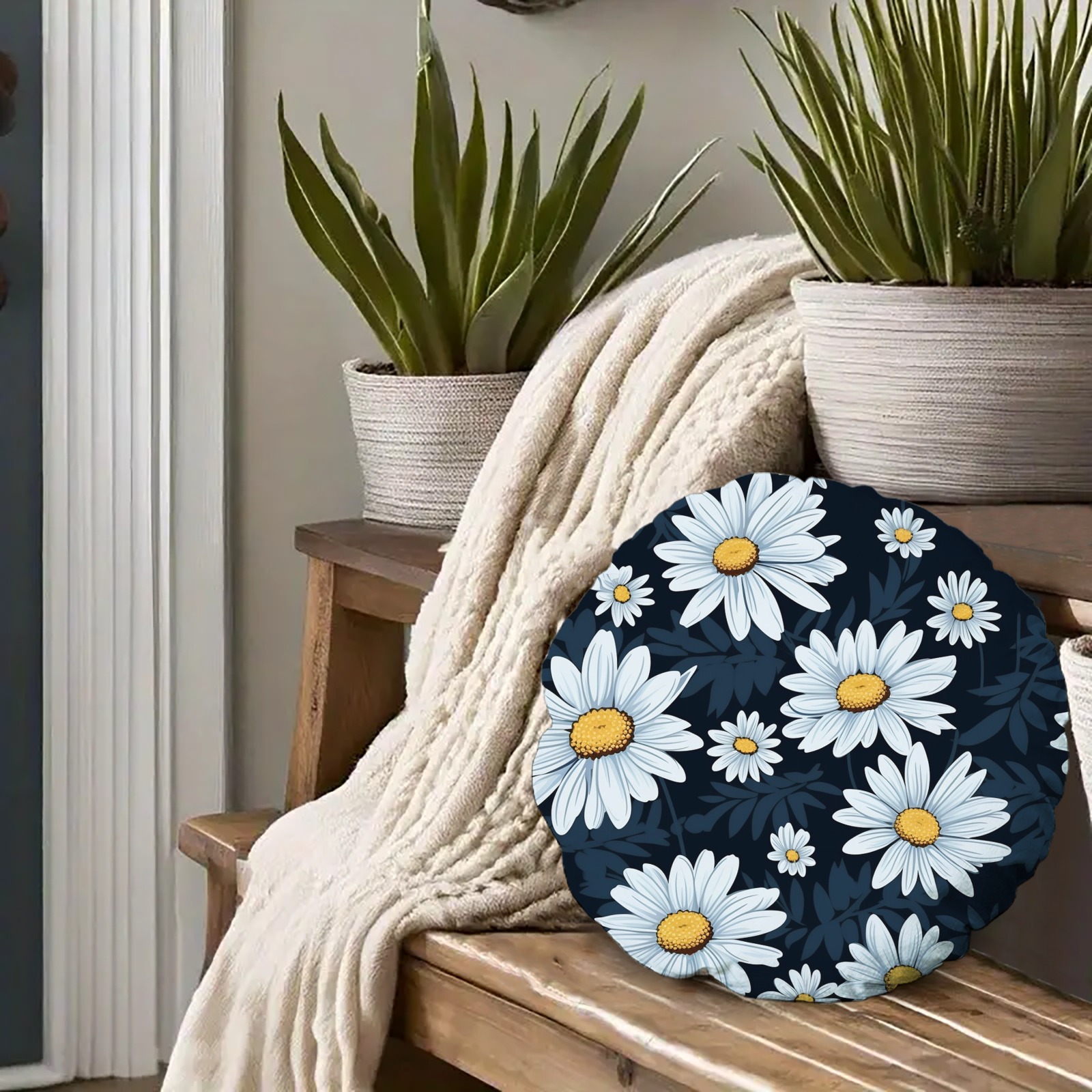 Daisy Print Round Decorative Cushion for Indoor Home Decor