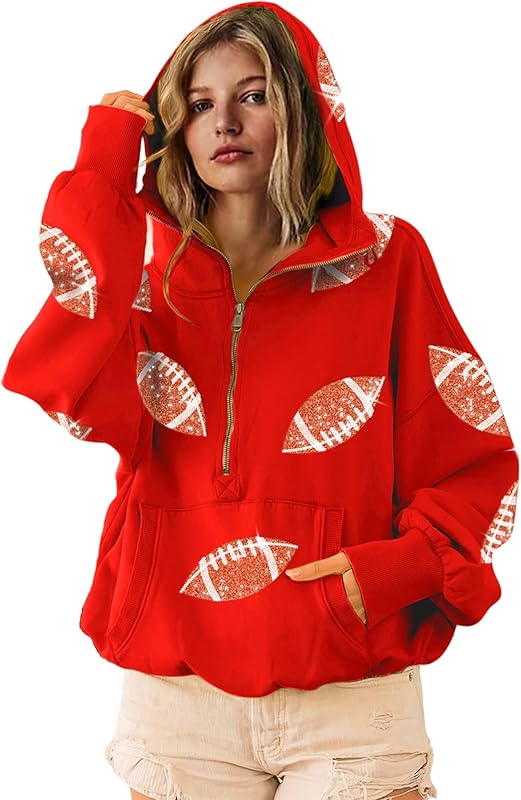 Womens Game Day Sweatshirts Football Sequin Hoodies Tailgate Outfits Long Sleeve Zipper Sweaters with Pocket