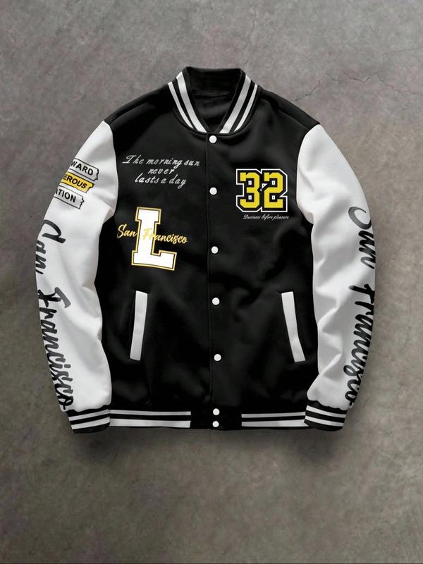 Men's Baseball Jacket Colorblock Letter Print Long Sleeve Fitted Pilot Coat, Preppy Style Winter Knit Outerwear, Casual Daily Wear
