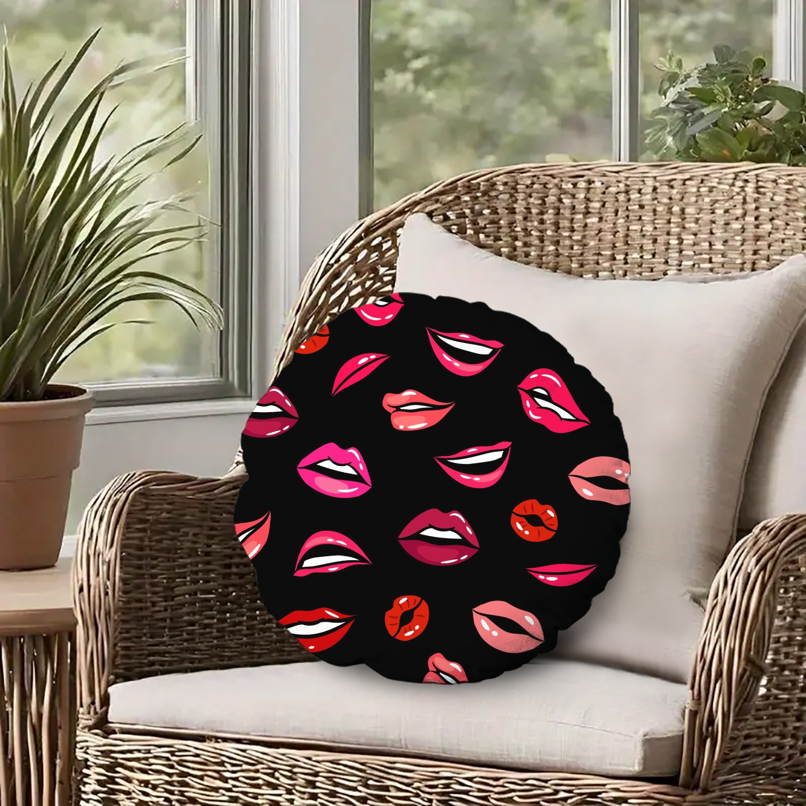 Lip Print Round Decorative Throw Pillow for Indoor Home Decor