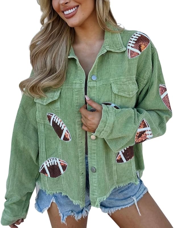 Women's Game Day Outfit Jacket Football Sequin Patched Raw Hem Cropped Corduroy Shacket Coat
