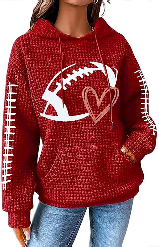 NEWWEN Game Day Sweatshirt Women Football Graphic Shirt Football Mom Waffle Knit Hoodie Game Day Long Sleeve Pullover Tops