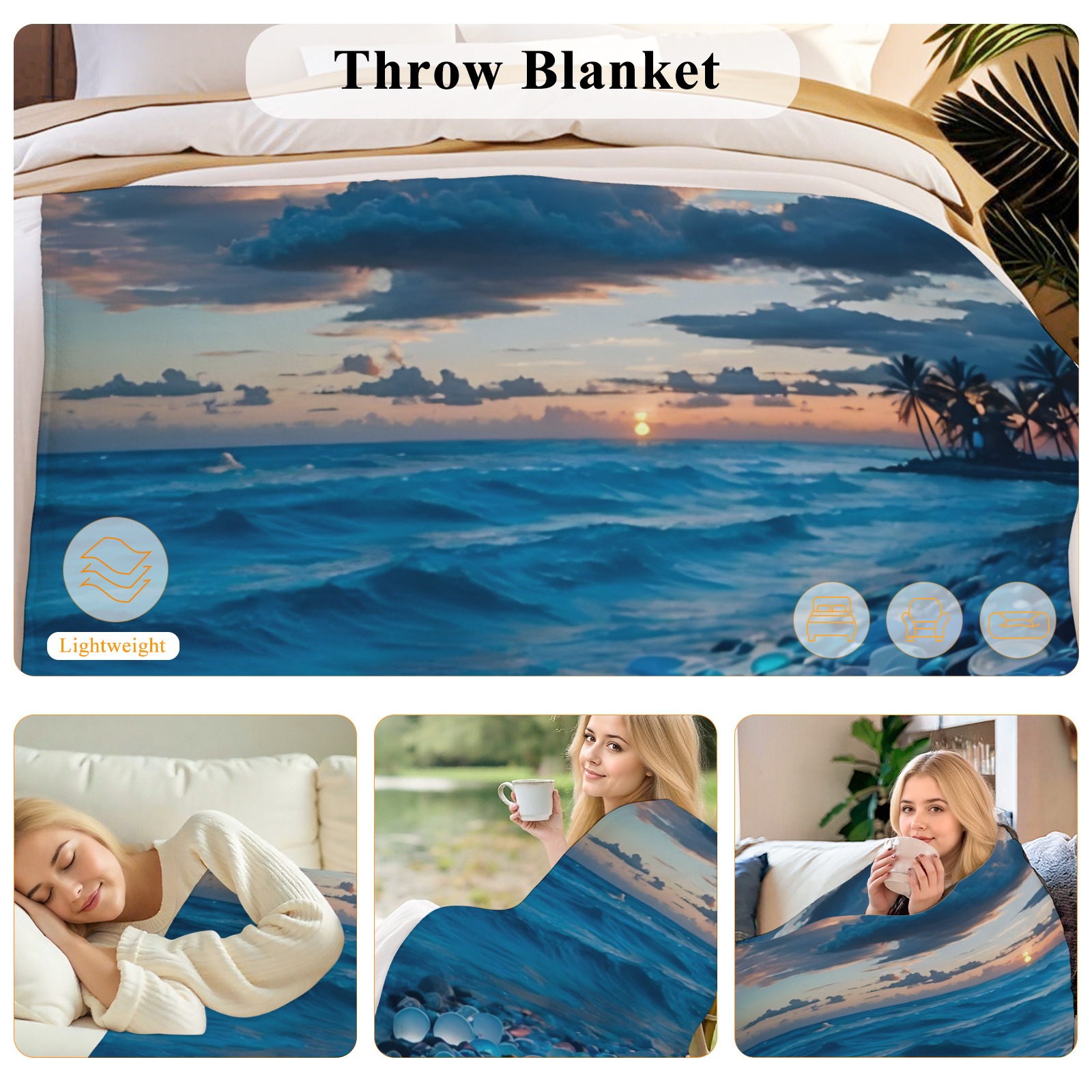 Coastal Sunset Throw Blanket | Soft Flannel Beach Scene Blanket, Lightweight & Warm for Adults/Kids, Home Decor-Pixelunique