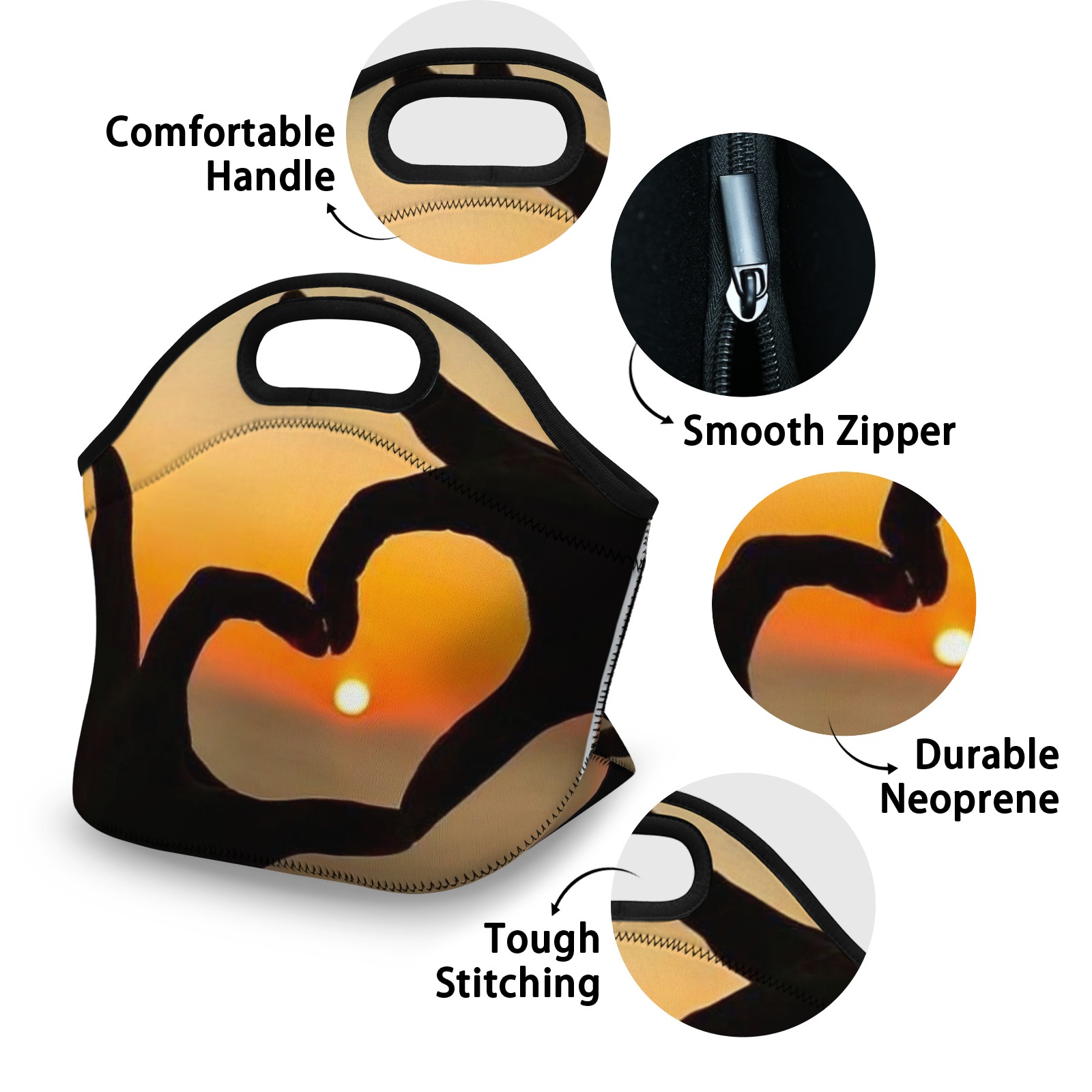 Sunset Heart - Hand Graphic Neoprene Lunch Bag - Insulated Tote for Work & Picnics
