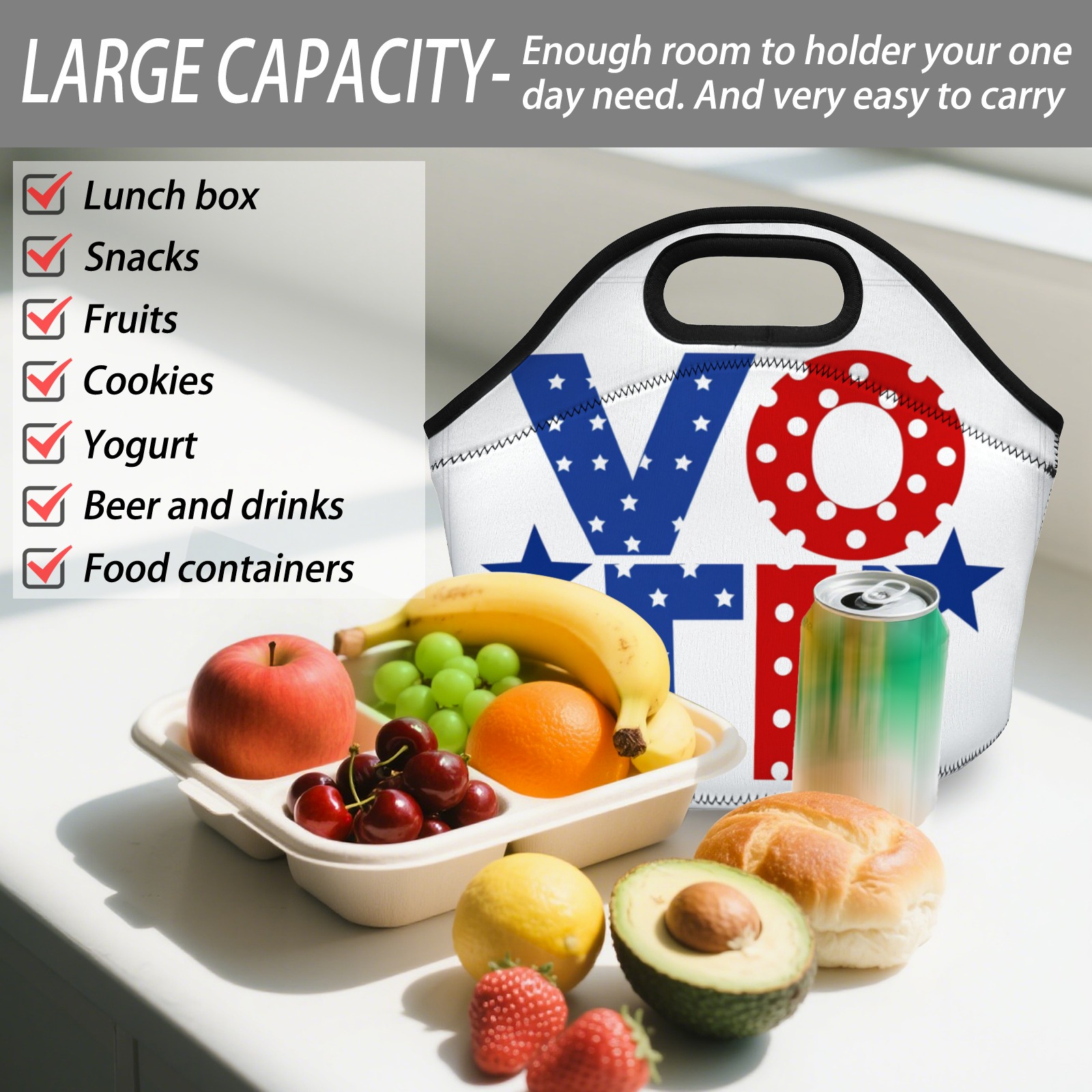 Patriotic ��VOTE�� Graphic Neoprene Lunch Bag - Insulated Tote for Work & Picnics Bullet Points