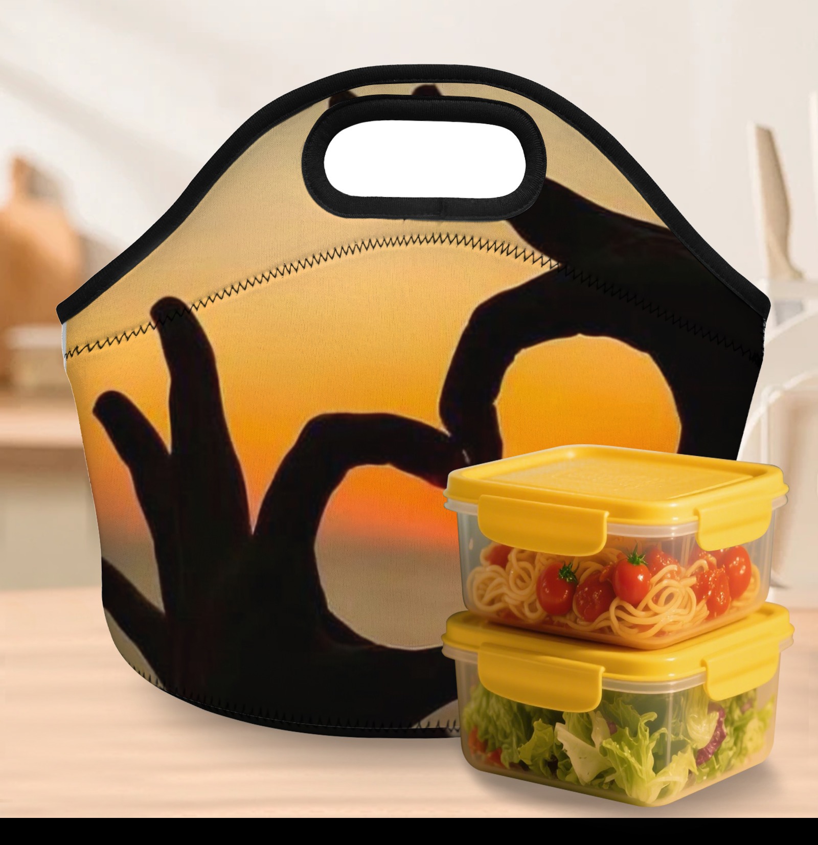 Sunset Heart - Hand Graphic Neoprene Lunch Bag - Insulated Tote for Work & Picnics