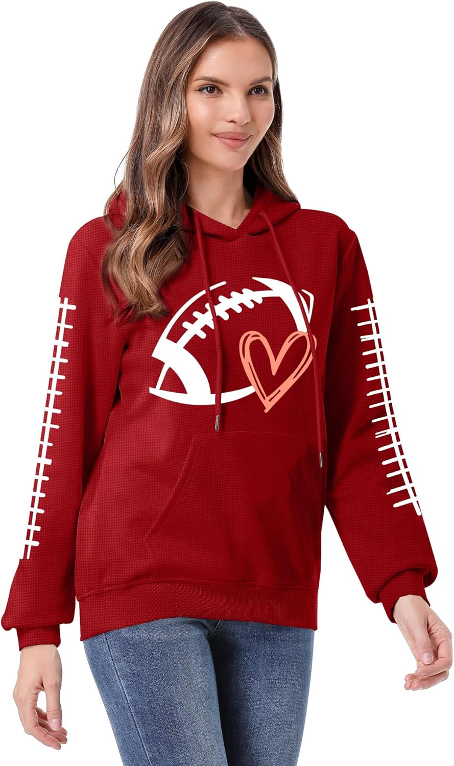 NEWWEN Game Day Sweatshirt Women Football Graphic Shirt Football Mom Waffle Knit Hoodie Game Day Long Sleeve Pullover Tops