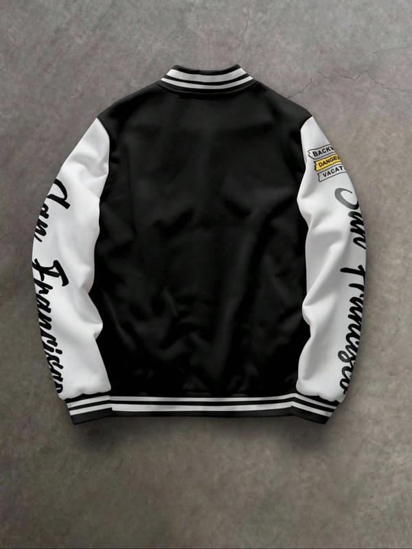 Men's Baseball Jacket Colorblock Letter Print Long Sleeve Fitted Pilot Coat, Preppy Style Winter Knit Outerwear, Casual Daily Wear