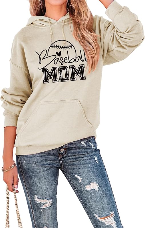 Womens Hoodies Baseball Mom Letter Graphic Sweatshirt Long Sleeve Casual Hooded Pullovers Fall Loose Lightweight Tops