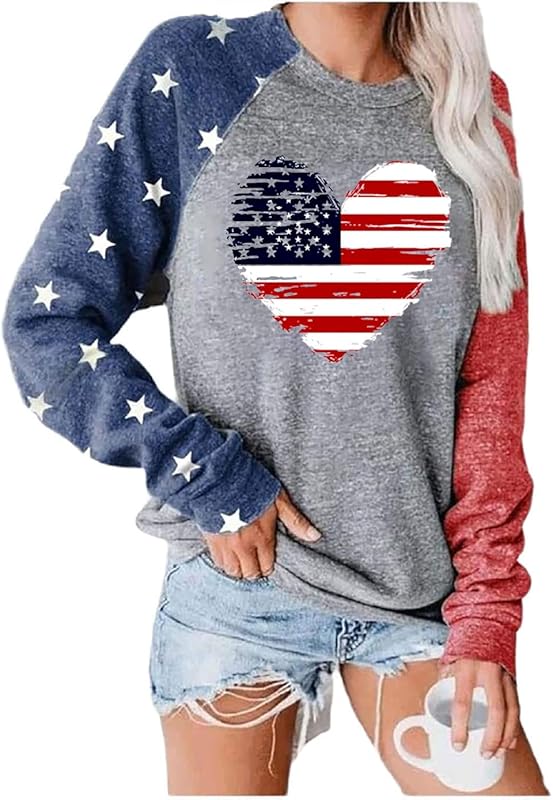 Womens Long Sleeve Shirt Baseball Shirt Mom Shirt American Flag Shirt Star Sweatshirt