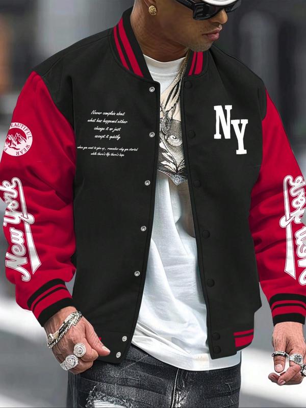 Men's Letter Print Baseball Collar Bomber Jacket, Loose Casual Sporty Long Sleeve Varsity Jacket for Fall & Winter, Men's Outerwear for Daily Wear