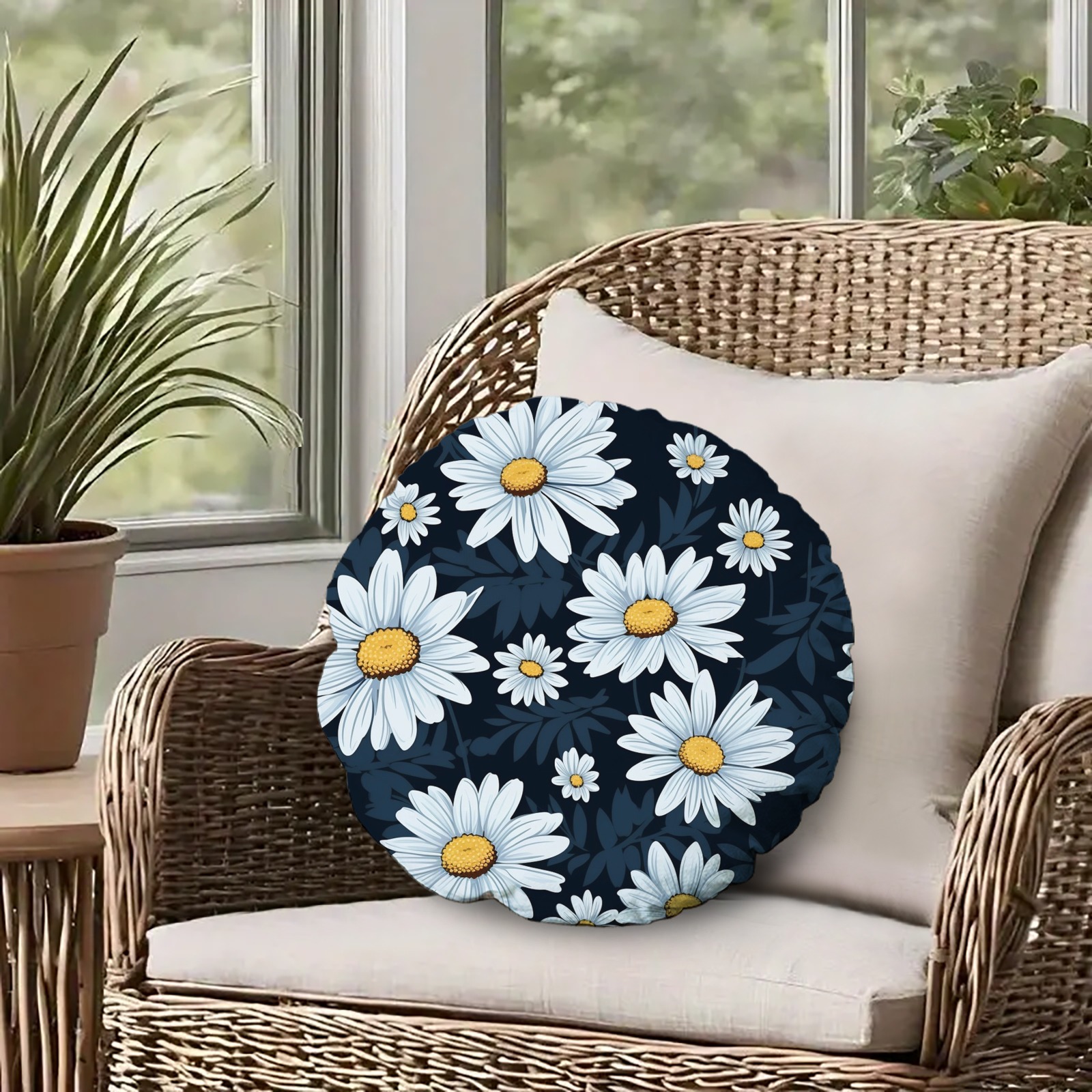 Daisy Print Round Decorative Cushion for Indoor Home Decor
