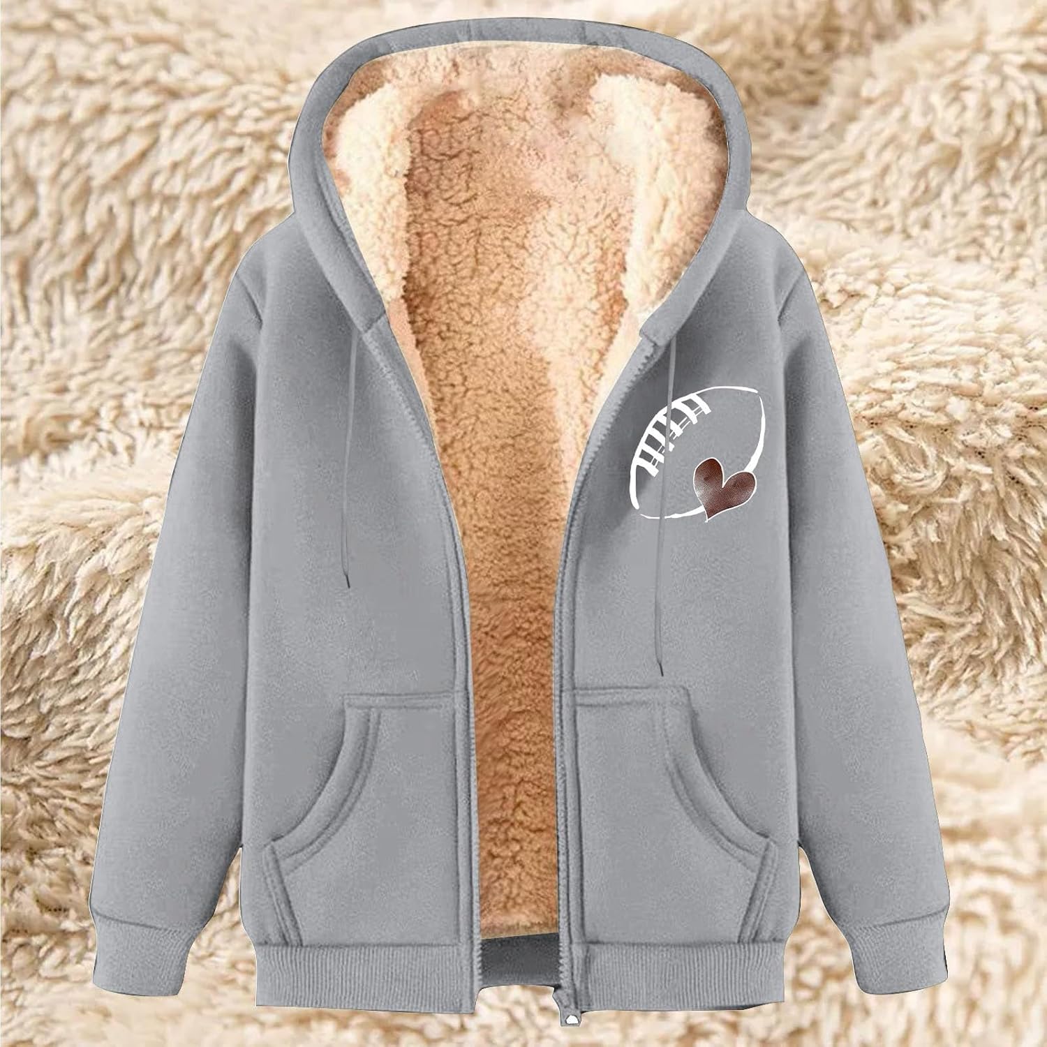 Game Day Sweatshirt Women Fleece Sherpa Lined Jacket Zip Up Football Sweatshirts Fall Warm Winter Coat with Pockets