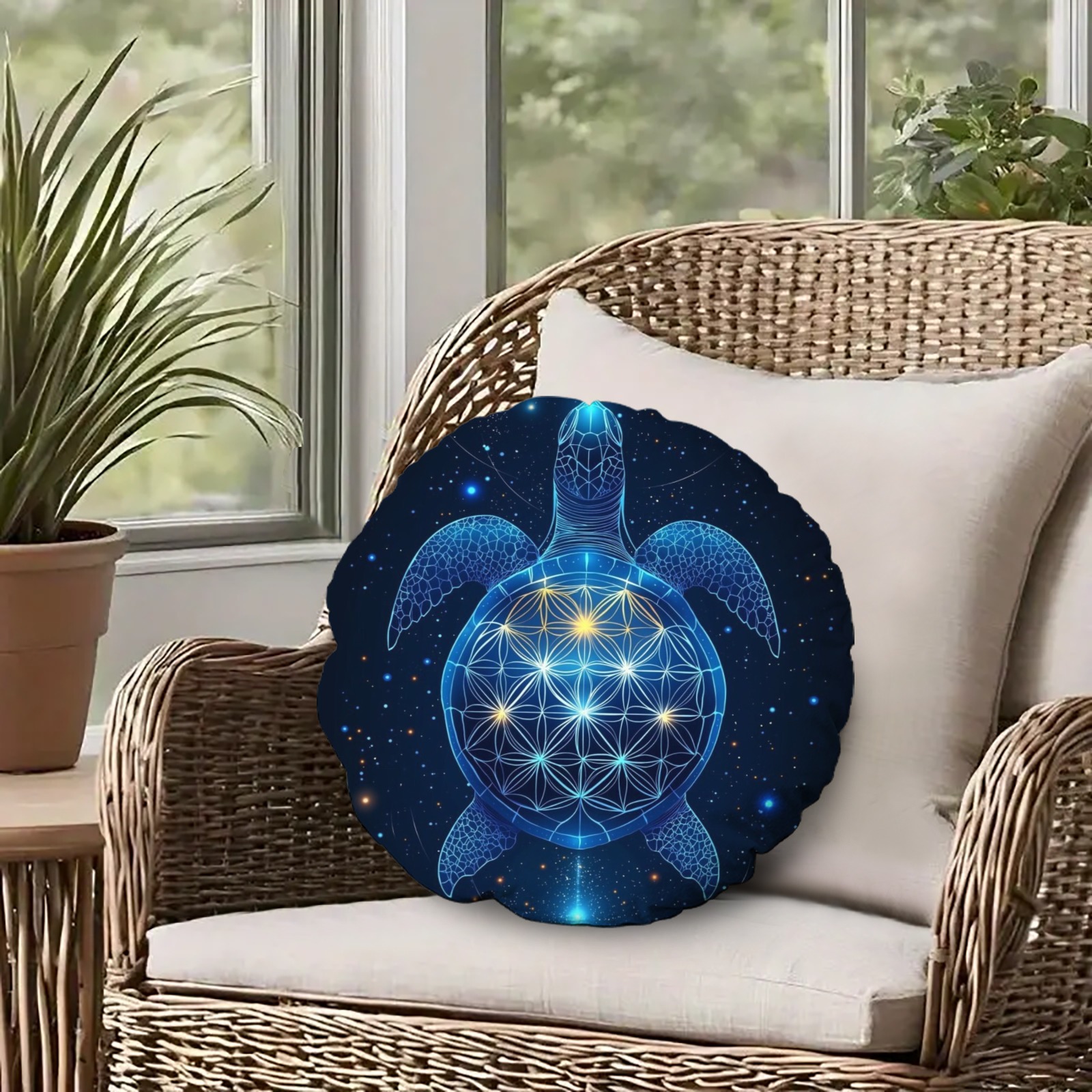 Mystical Sea Turtle Print Round Throw Pillow, for Outdoor White Rocking Chair, Couch, Sofa, Bed, 18 Inch, Navy Blue-Pixelunique