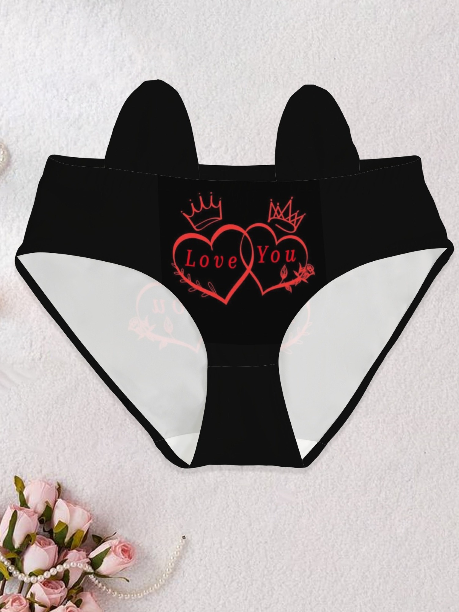 Women's Cute Cat Ear Waistband Heart Print Panties - Romantic "Love You" Black Lingerie