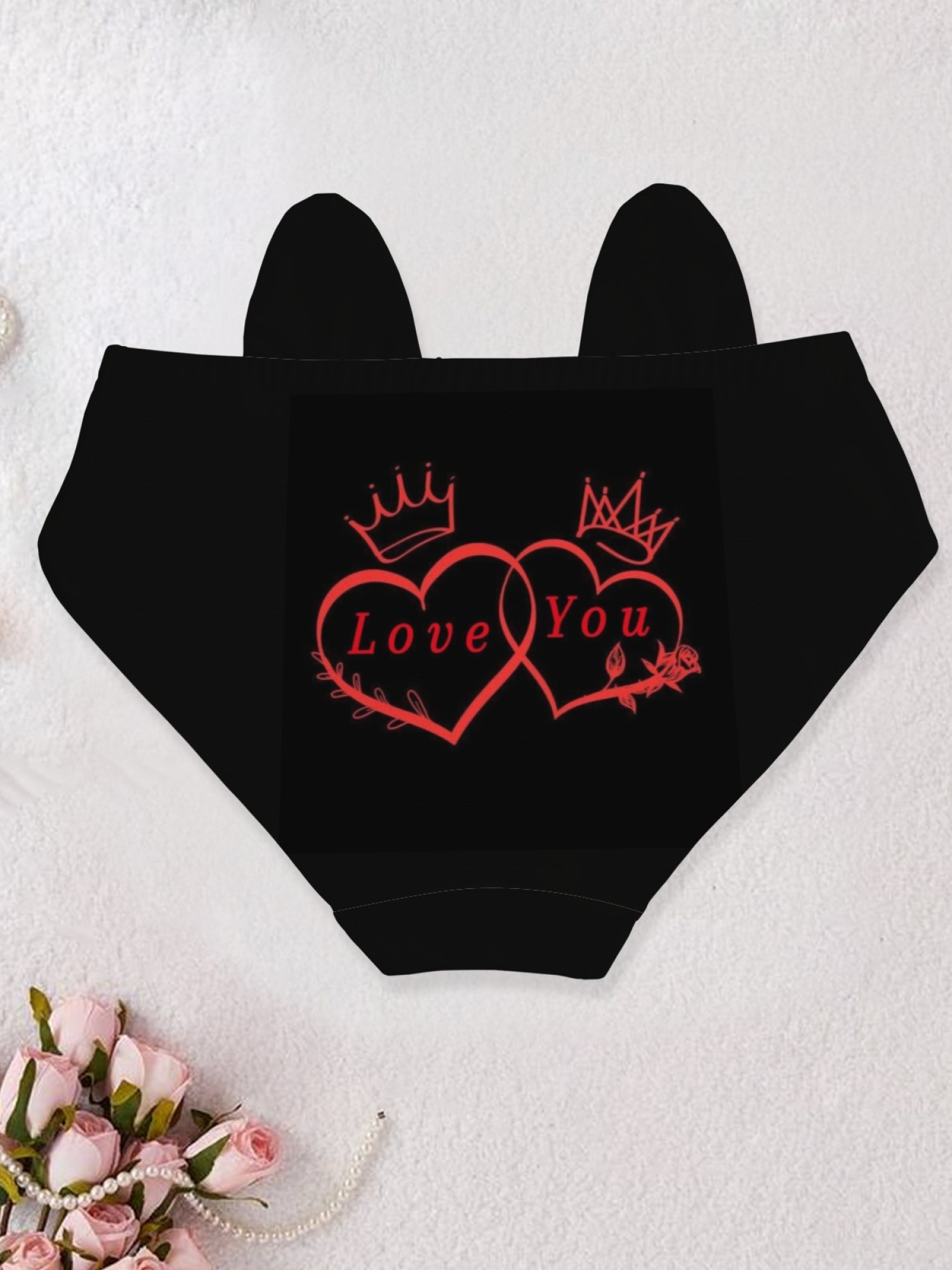 Women's Cute Cat Ear Waistband Heart Print Panties - Romantic "Love You" Black Lingerie