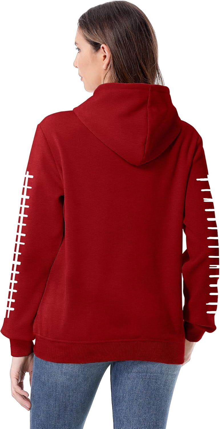 NEWWEN Game Day Sweatshirt Women Football Graphic Shirt Football Mom Waffle Knit Hoodie Game Day Long Sleeve Pullover Tops