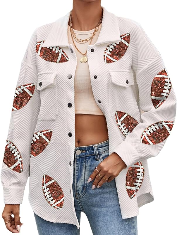 Corduroy Sequin Jackets Button Down Coat for Women Cotton White Football Patchwork Stylish Rugby Game Day Coat