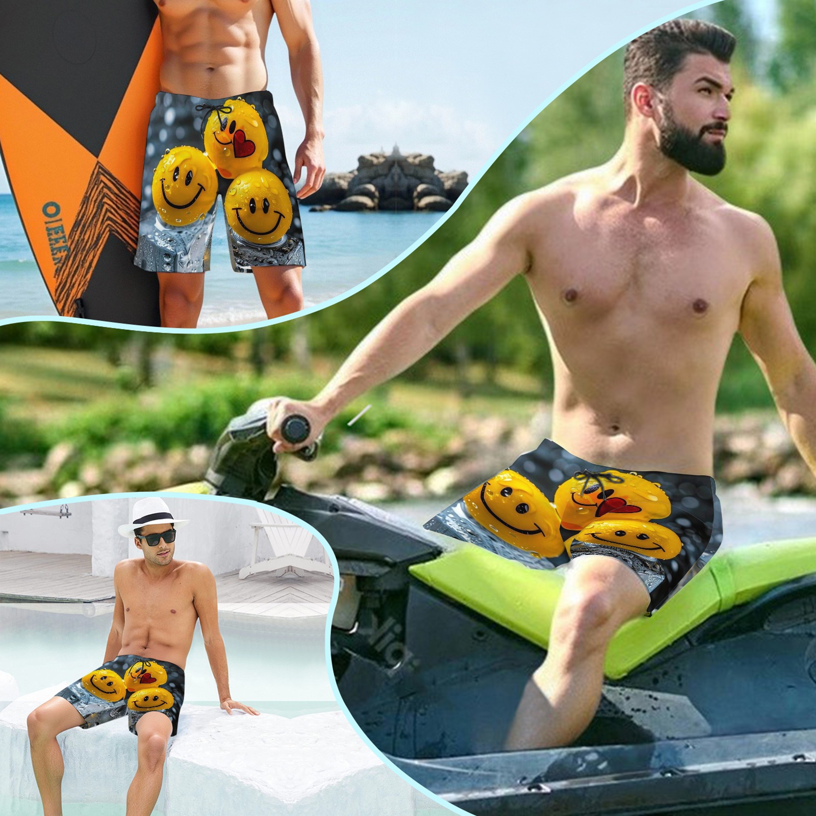 Men's Smiley Emoji Print Beach Shorts