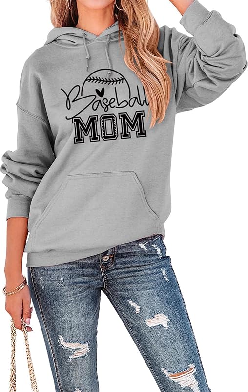 Womens Hoodies Baseball Mom Letter Graphic Sweatshirt Long Sleeve Casual Hooded Pullovers Fall Loose Lightweight Tops