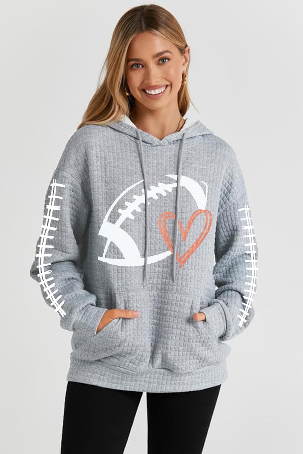 Game Day Hooded Sweatshirt Women Funny Football Graphic Shirt Waffle Knit Game Day Pullover Hoodies Long Sleeve