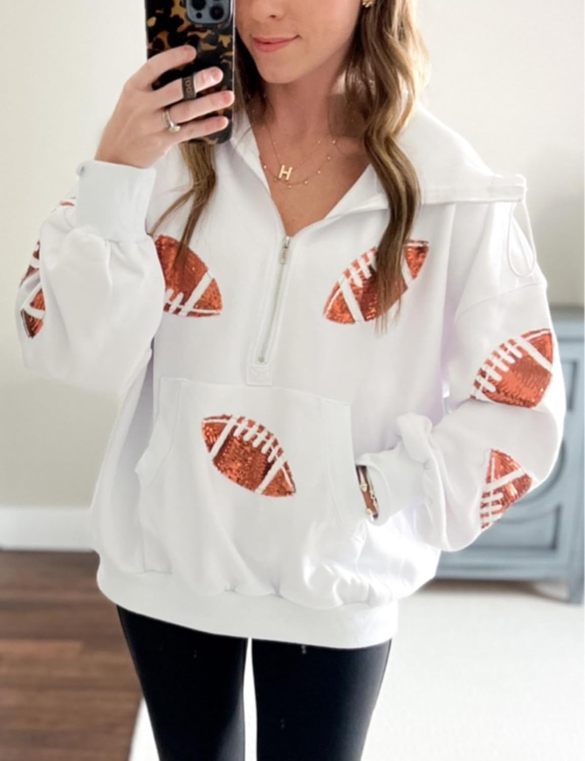 Womens Game Day Sweatshirts Football Sequin Hoodies Tailgate Outfits Long Sleeve Zipper Sweaters with Pocket
