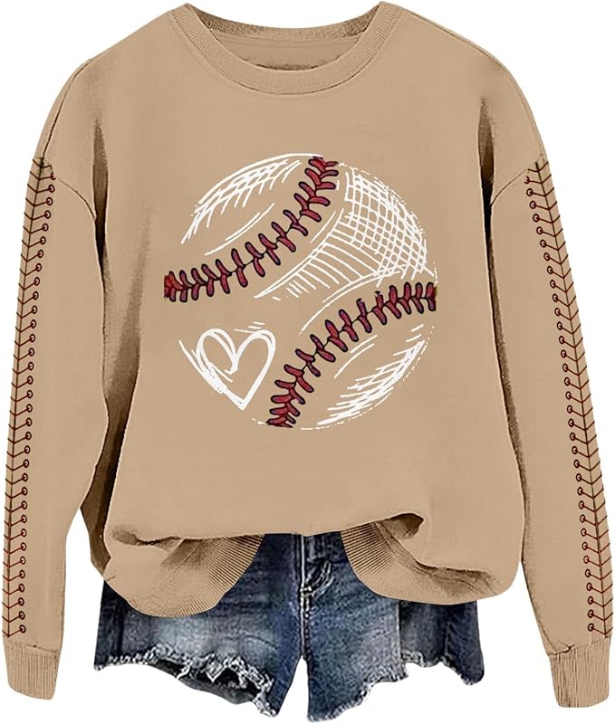 Baseball Mom Sweatshirt For Women Heart Printed Crewneck Long Sleeve 2025 Pullover Tops