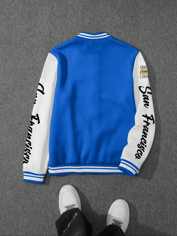 Men's Baseball Jacket Colorblock Letter Print Long Sleeve Fitted Pilot Coat, Preppy Style Winter Knit Outerwear, Casual Daily Wear