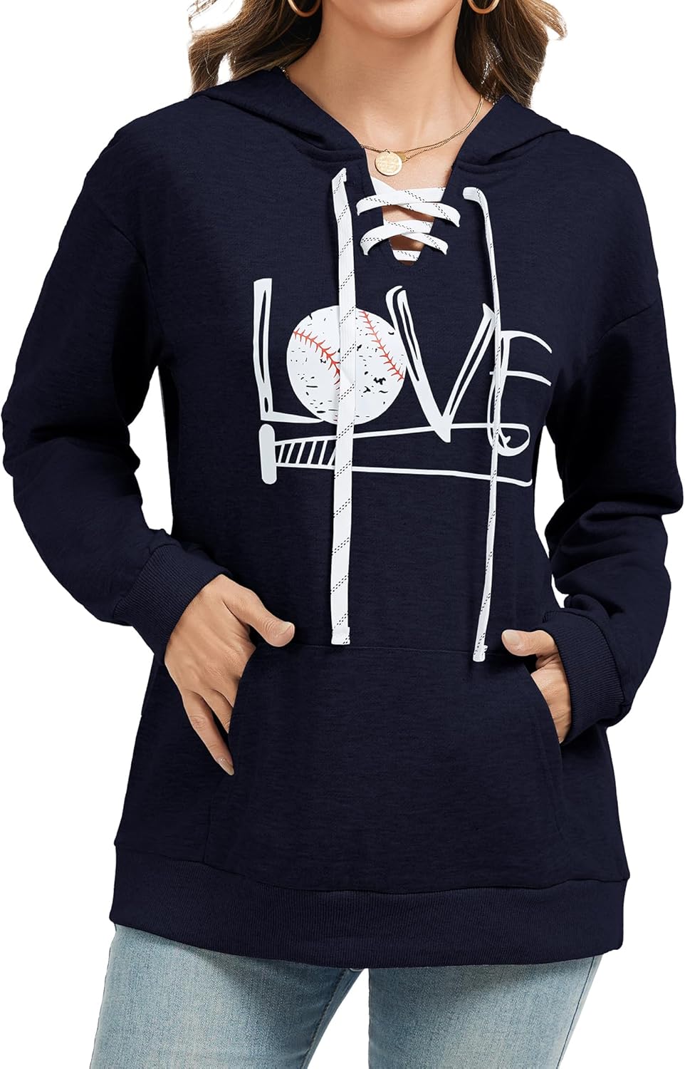 Women's V Neck Long Sleeve Baseball Hoodie Sweatshirt Pullover Loose Mom Shirt