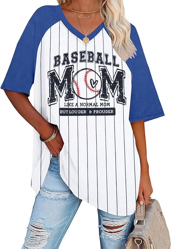 Baseball Mom Shirts for Women - Oversized V Neck Baseball Jersey Shirt Stripe Graphic Print Casual Tops Tees
