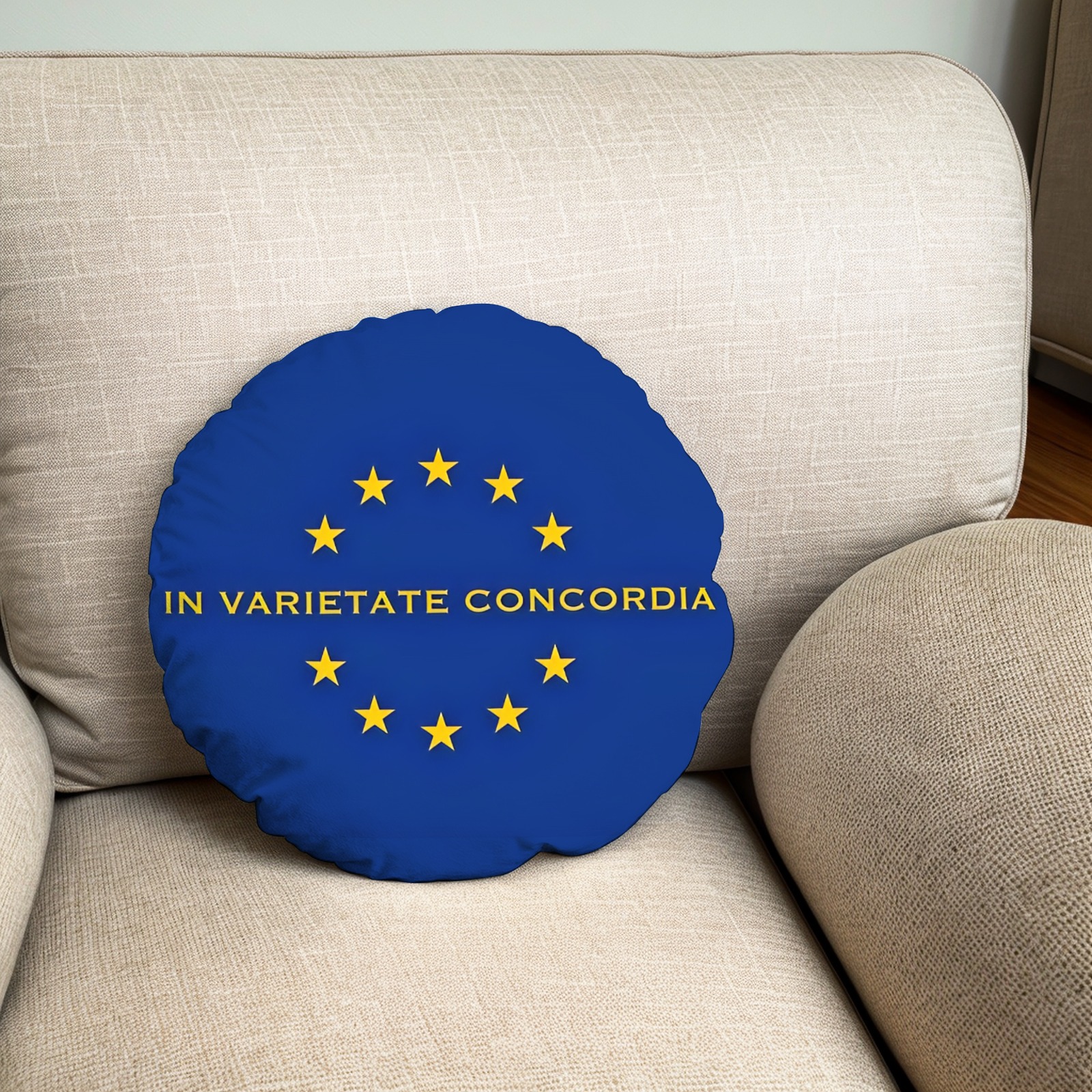 European - Inspired Round Throw Pillow with "In Varietate Concordia" Motif